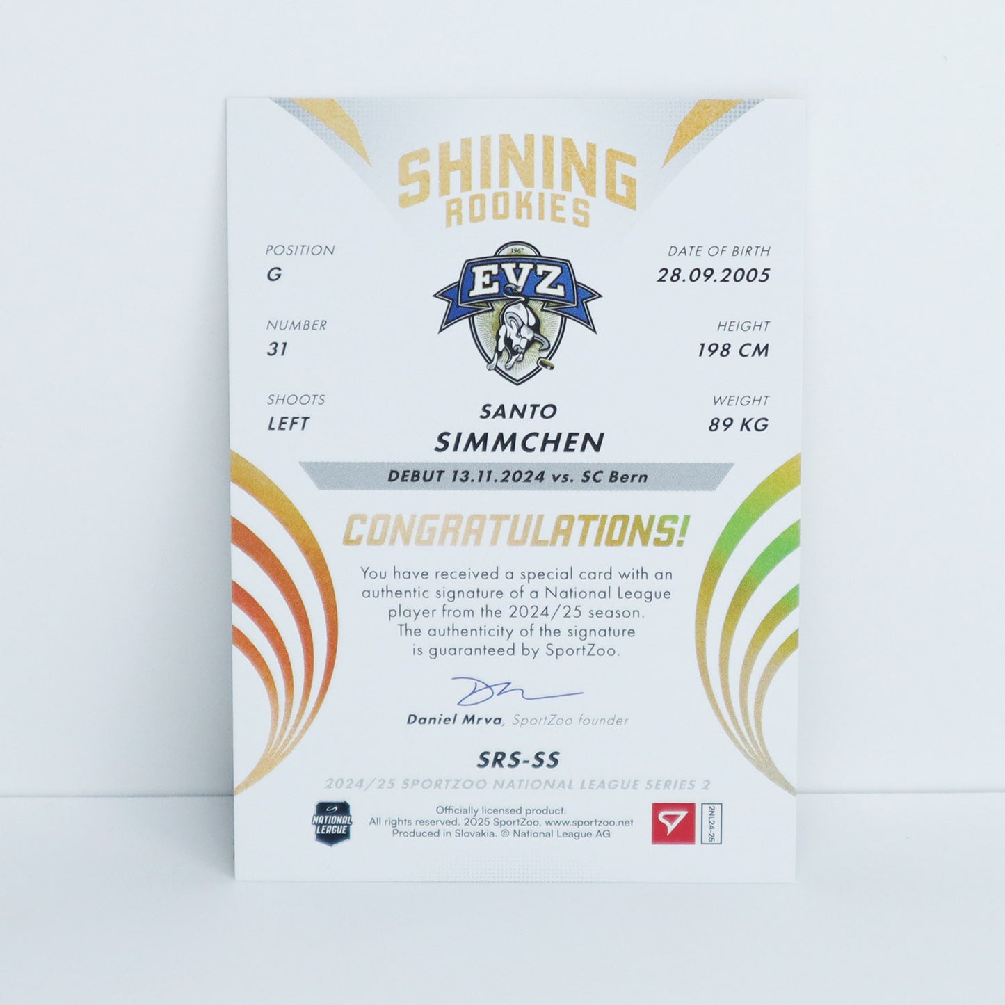 SRS-SS - EVZ - SANTO SIMMCHEN - SHINING ROOKIES GOLD AUTO - 06/39